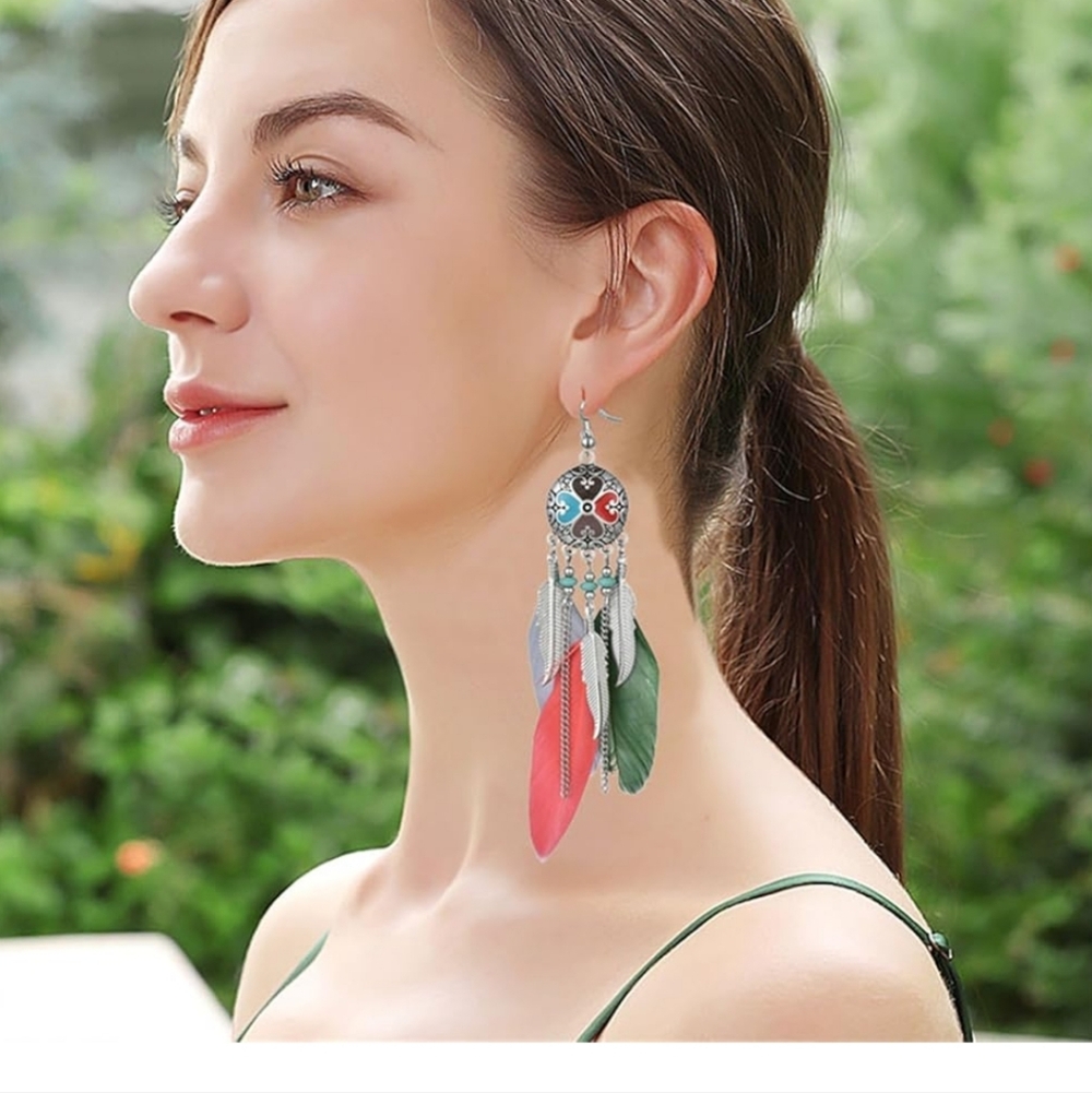 Colorful Feather Dangle Earrings - Picture 2 of 5